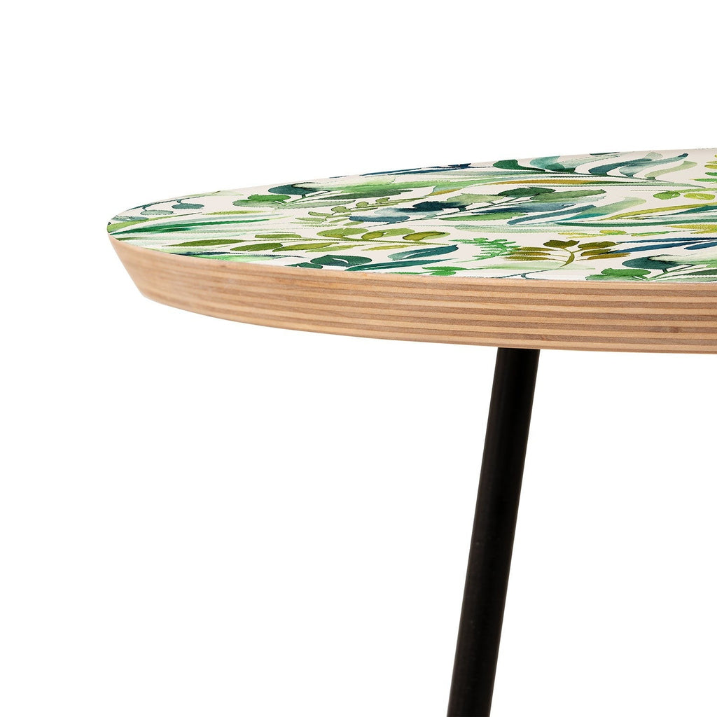Ninola Design Botanic Retreat Loose Botanical Leaves Watercolor Green Round Side Table