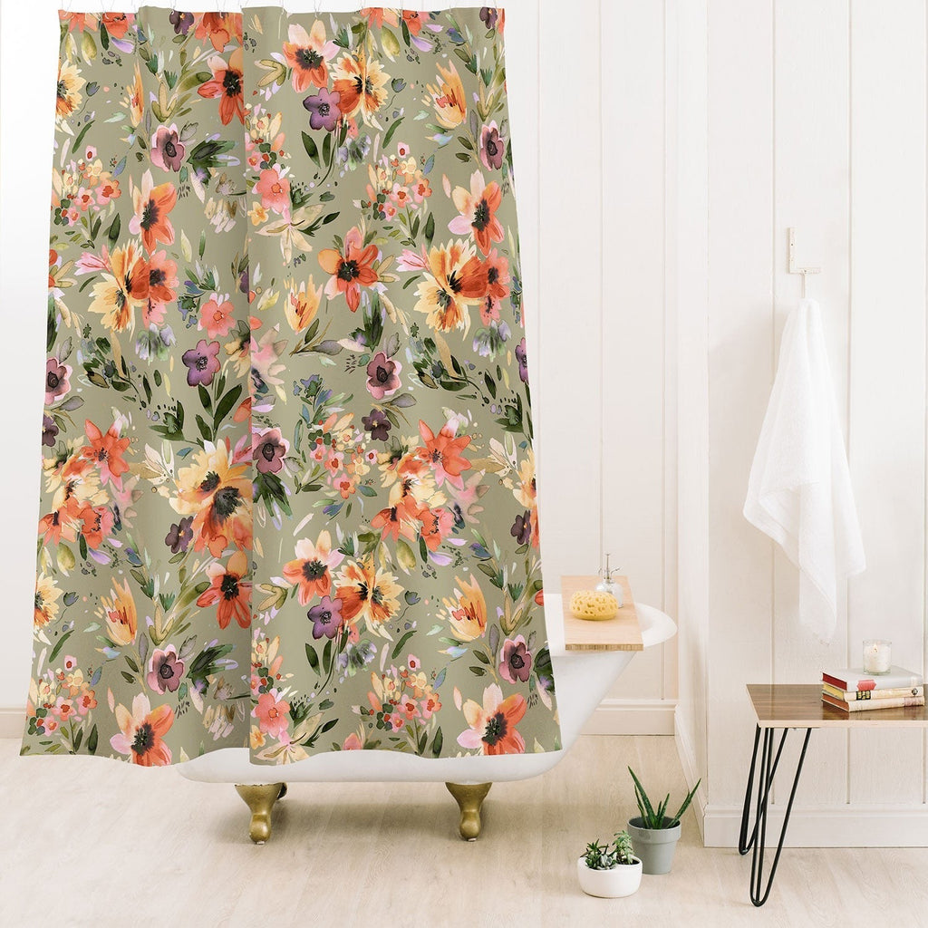 Ninola Design Botanic Retreat Floral Oleander Whimsical Teal Green Shower Curtain
