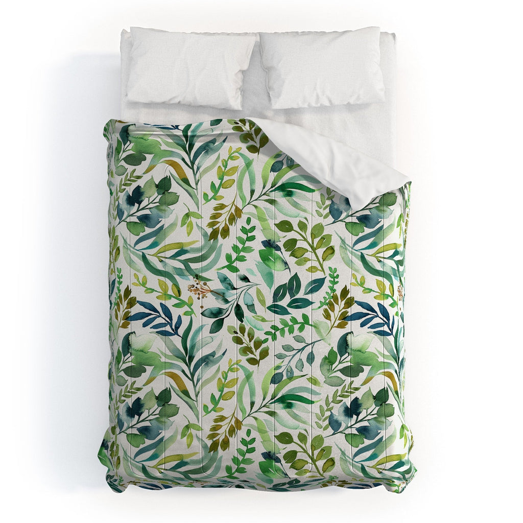 Ninola Design Botanic Retreat Loose Botanical Leaves Watercolor Green Comforter