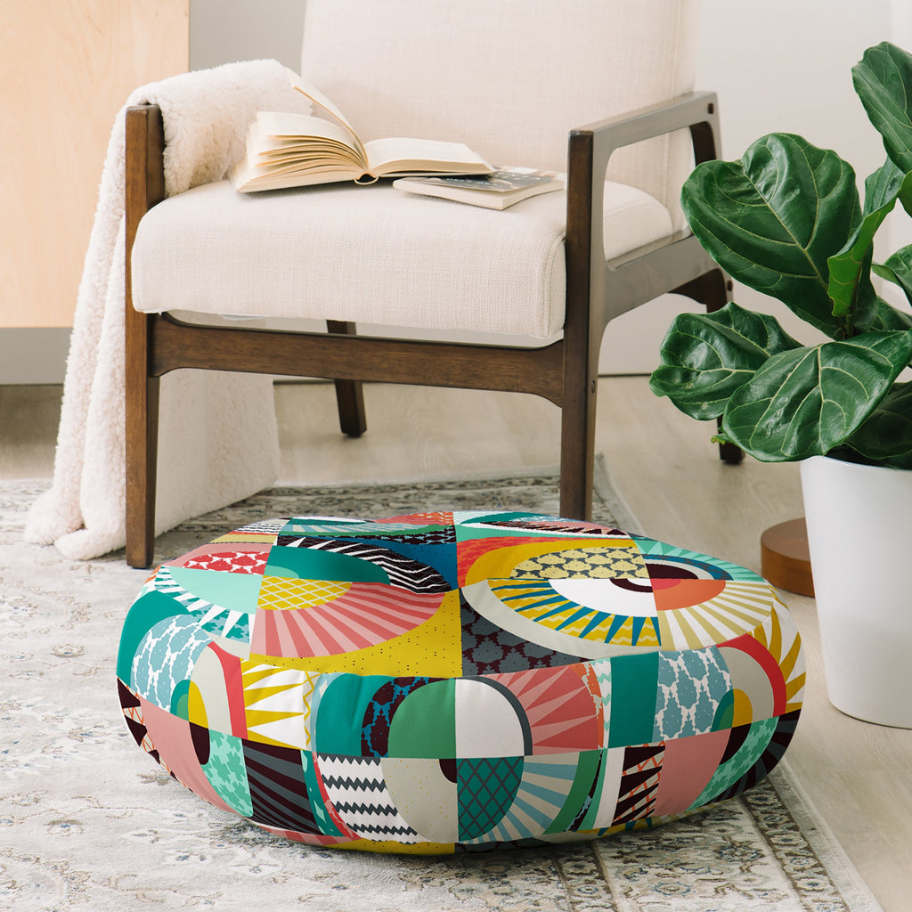 Sharon Turner llama geo squares Floor Pillow Round
