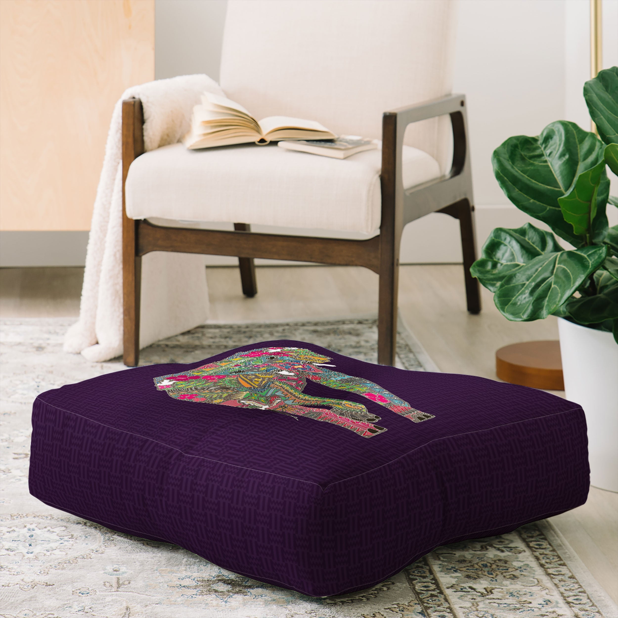 Sharon Turner Painted Elephant Purple Floor Pillow Square