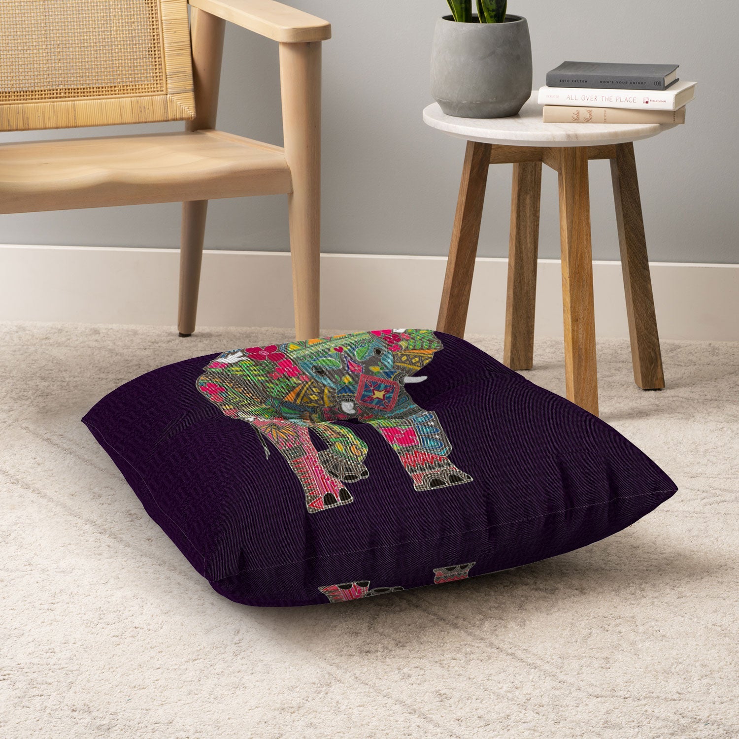 Sharon Turner Painted Elephant Purple Floor Pillow Square