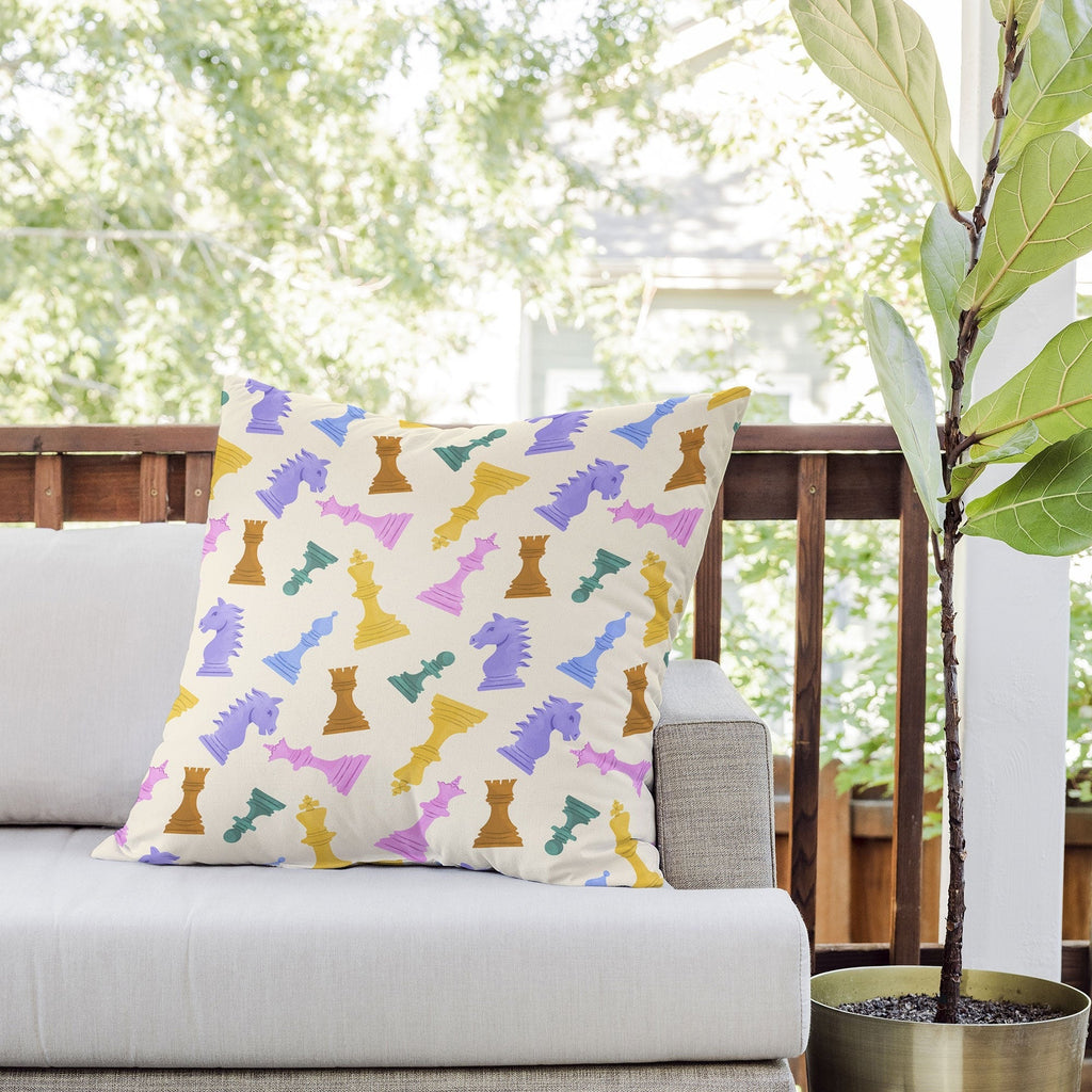 Design by Spark Chess Game Pieces Outdoor Throw Pillow