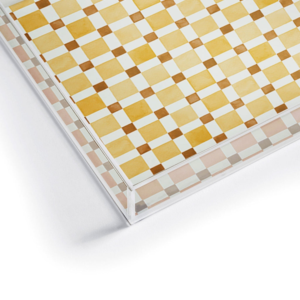 Ninola Design Everyday Artifact Checker Mosaic Tiles Geometry Yellow Acrylic Tray