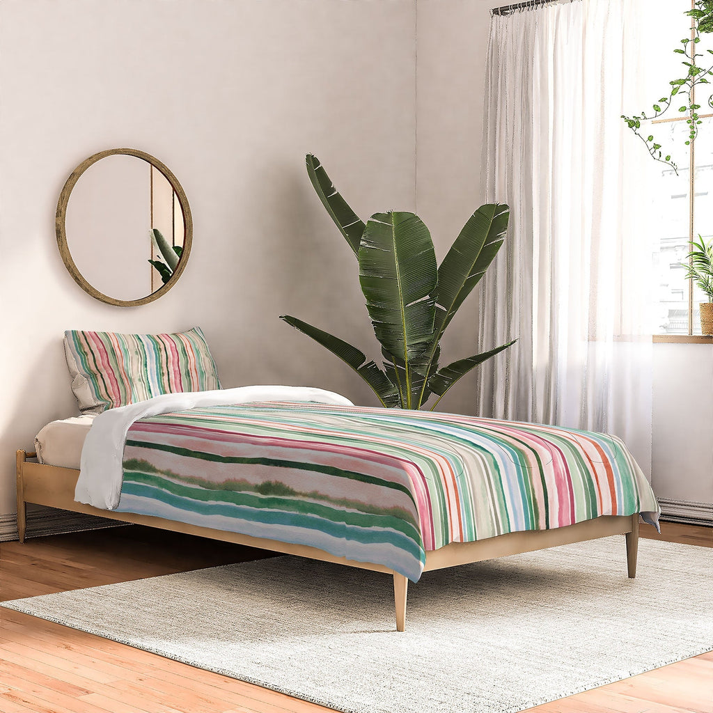 Ninola Design Botanic Retreat Watercolor Stripes Green Orange Red Comforter