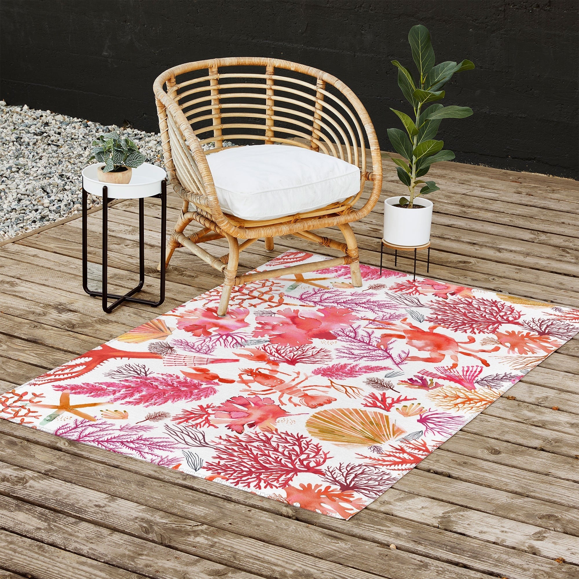 Ninola Design Botanic Retreat Coral Reef Crab Lobster Red Outdoor Rug