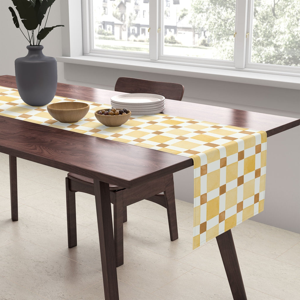 Ninola Design Everyday Artifact Checker Mosaic Tiles Geometry Yellow Table Runner