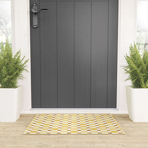 Ninola Design Everyday Artifact Checker Mosaic Tiles Geometry Yellow Welcome Mat