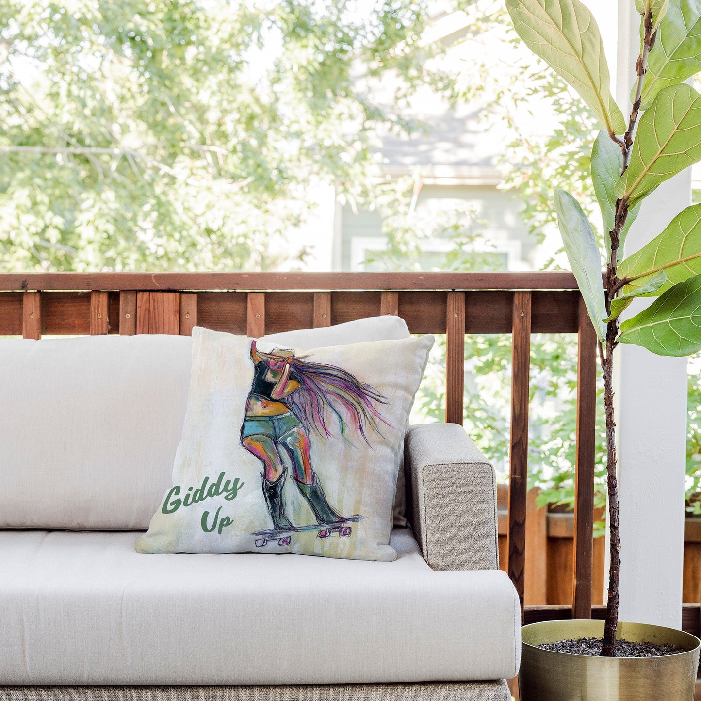 Sophia Buddenhagen Giddy Up Skater Girl Outdoor Throw Pillow