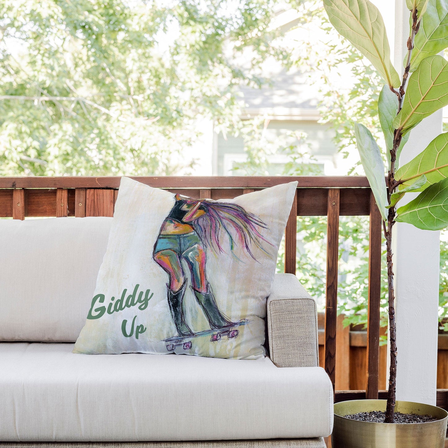 Sophia Buddenhagen Giddy Up Skater Girl Outdoor Throw Pillow