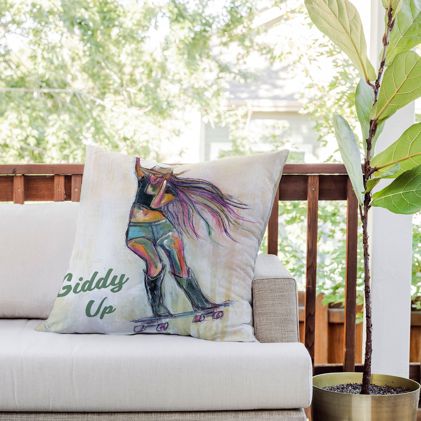Sophia Buddenhagen Giddy Up Skater Girl Outdoor Throw Pillow