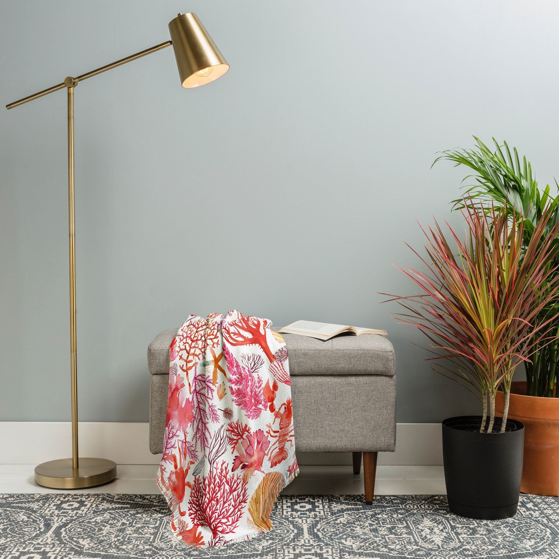 Ninola Design Botanic Retreat Coral Reef Crab Lobster Red Throw Blanket