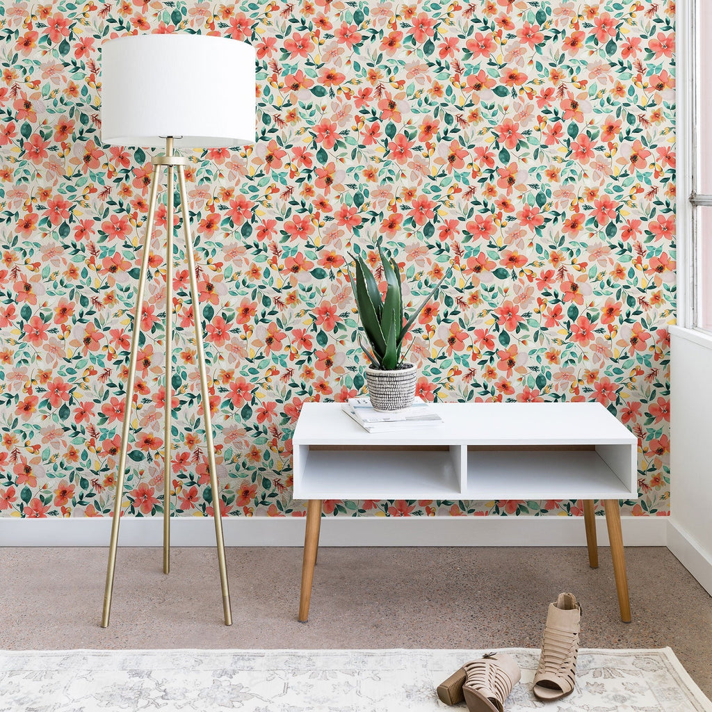 Ninola Design Botanic Retreat Tropical Whimsical Flowers Coral Green Wallpaper