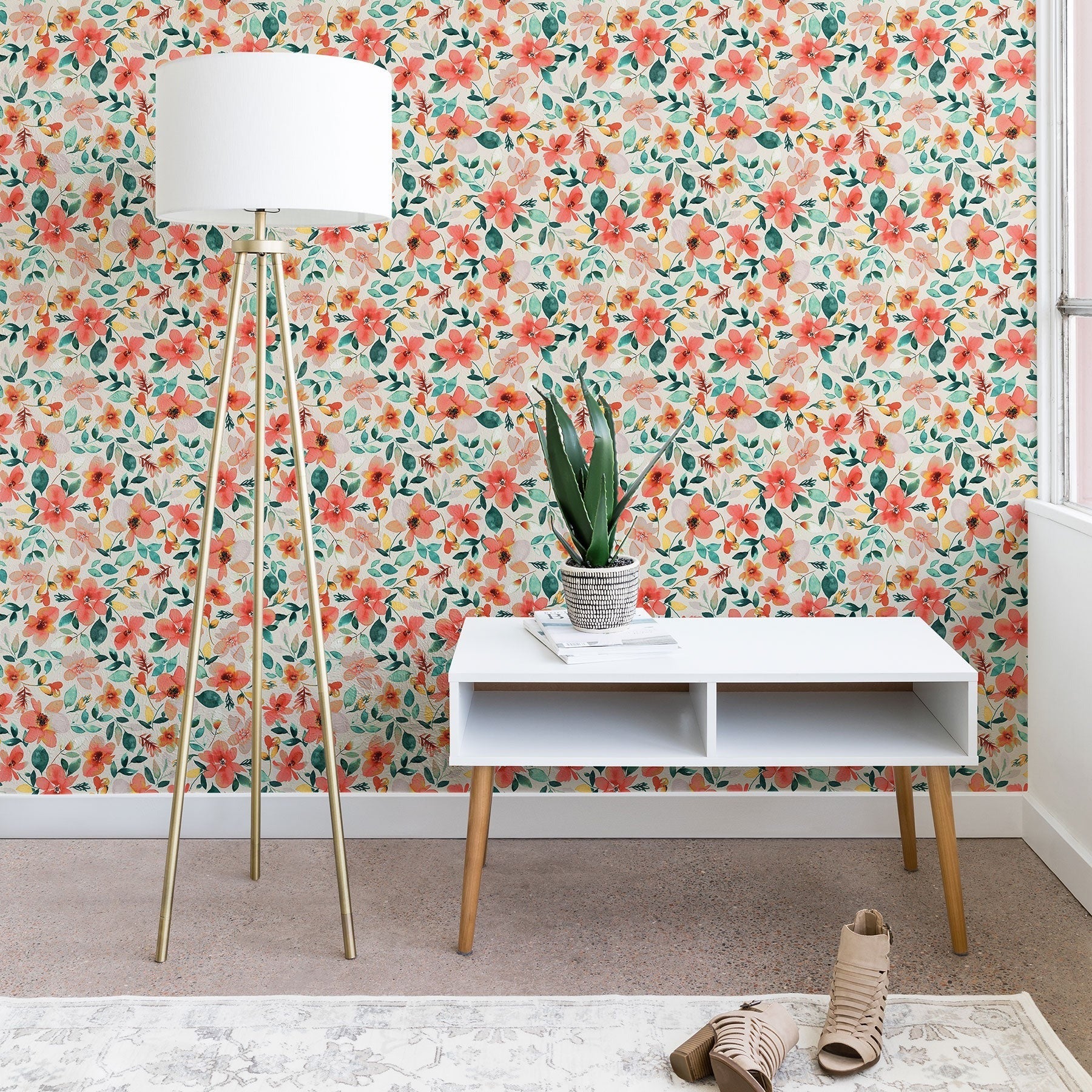 Ninola Design Botanic Retreat Tropical Whimsical Flowers Coral Green Wallpaper