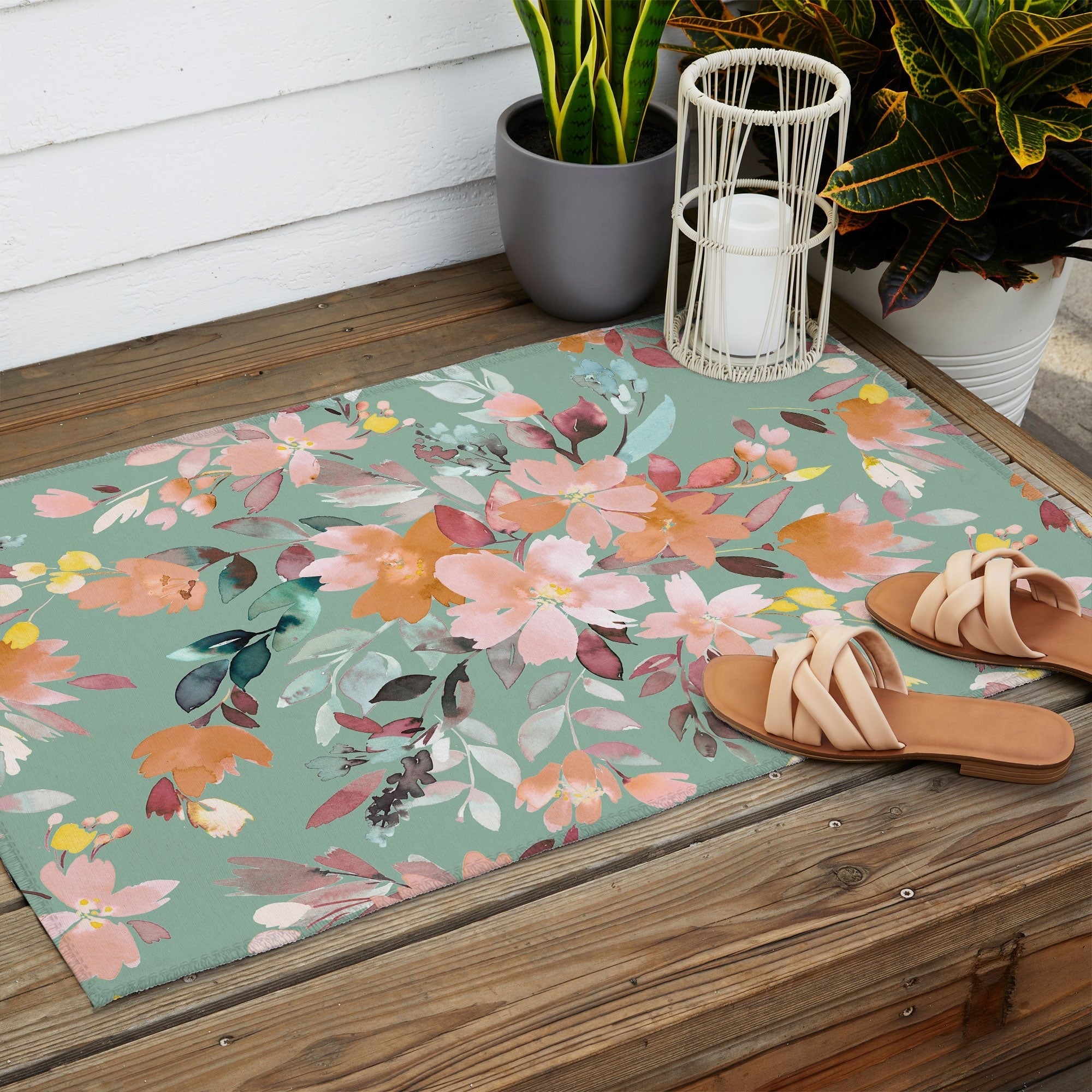 Ninola Design Botanic Retreat Floral Oleander Whimsical Teal Green Outdoor Rug