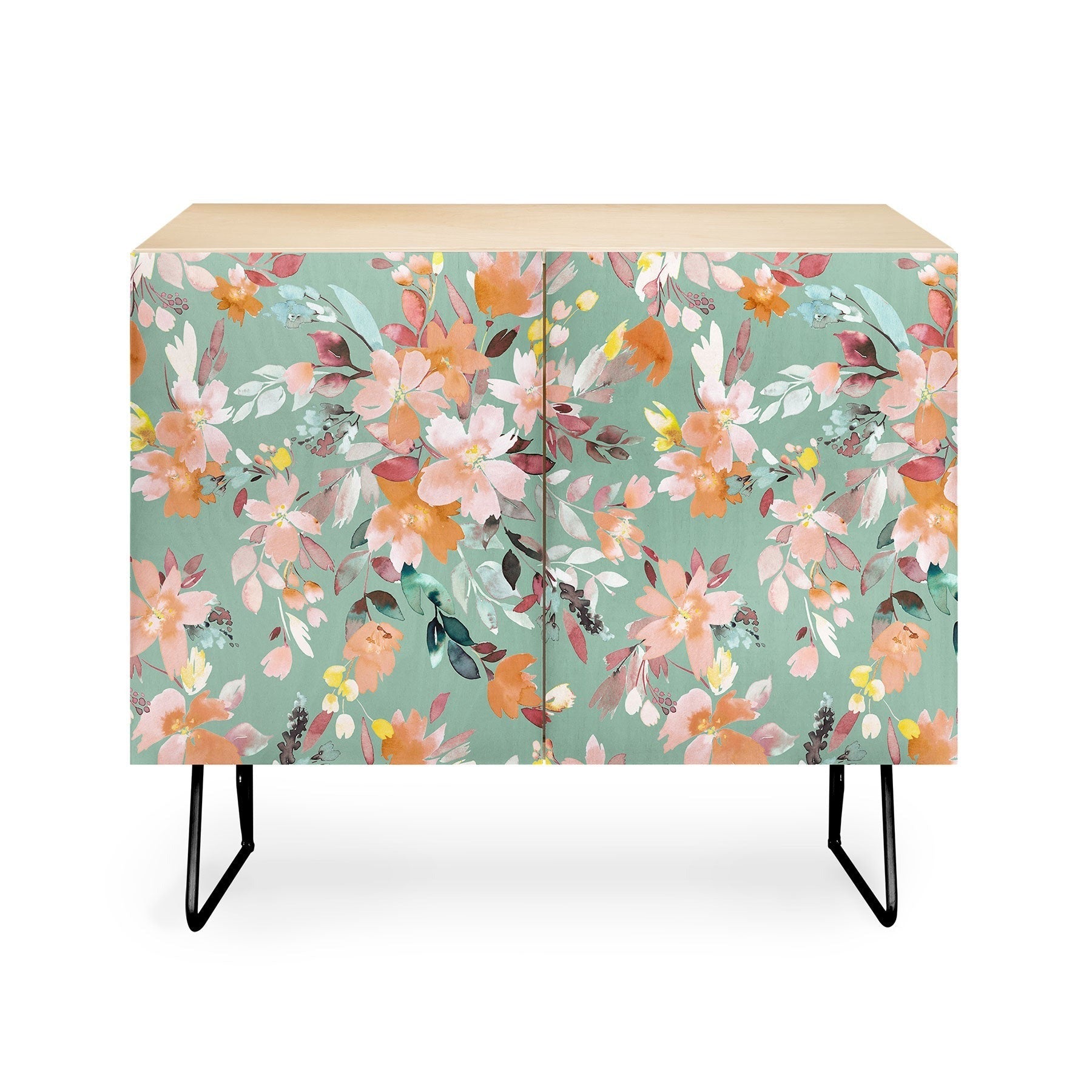 Ninola Design Botanic Retreat Floral Oleander Whimsical Teal Green Credenza