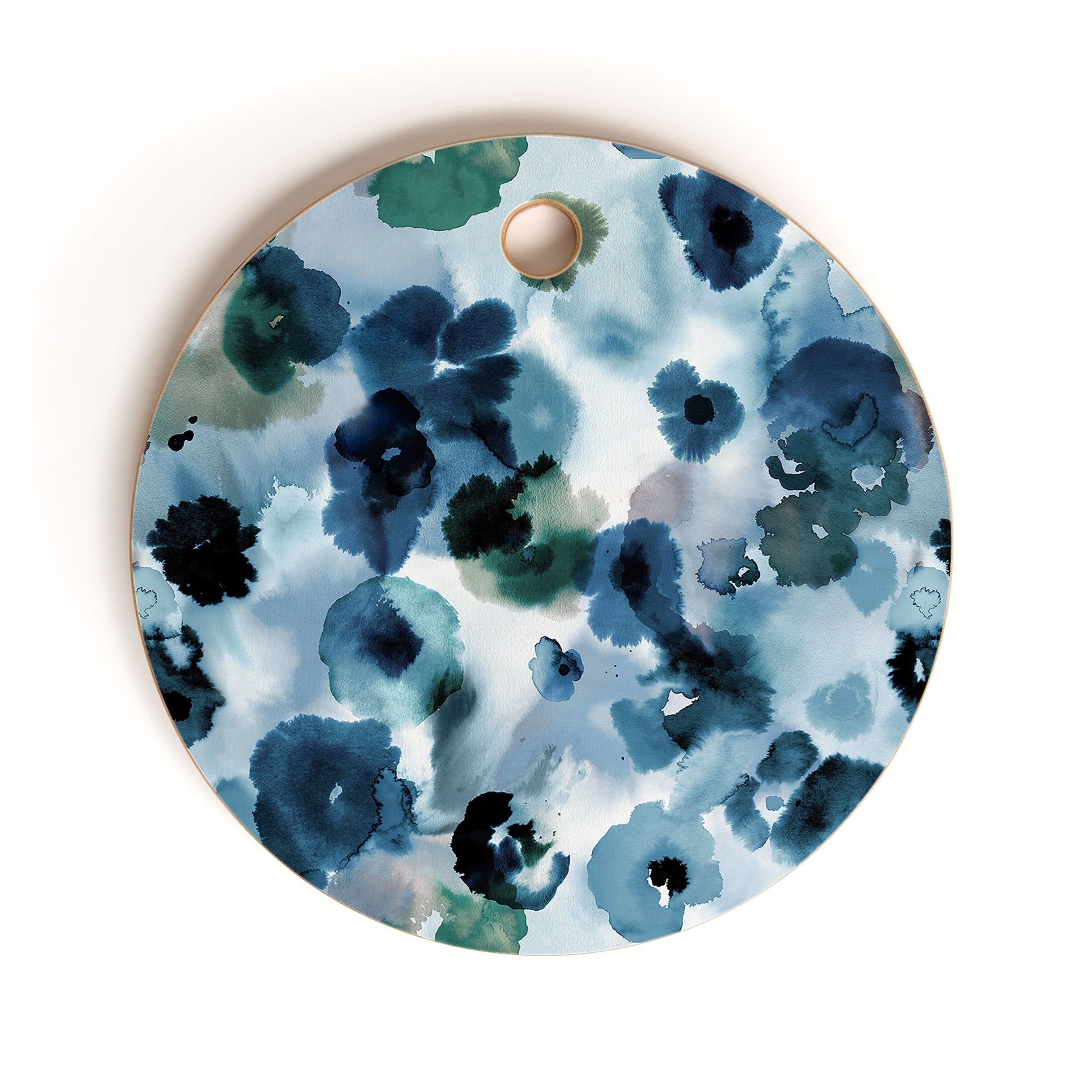 Ninola Design Botanic Retreat Ombre Abstract Watercolor Flowers Blue Navy Cutting Board Round
