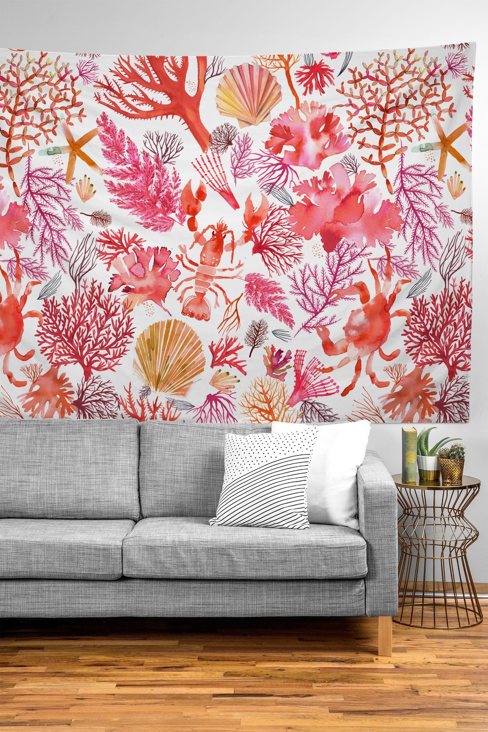 Ninola Design Botanic Retreat Coral Reef Crab Lobster Red Tapestry