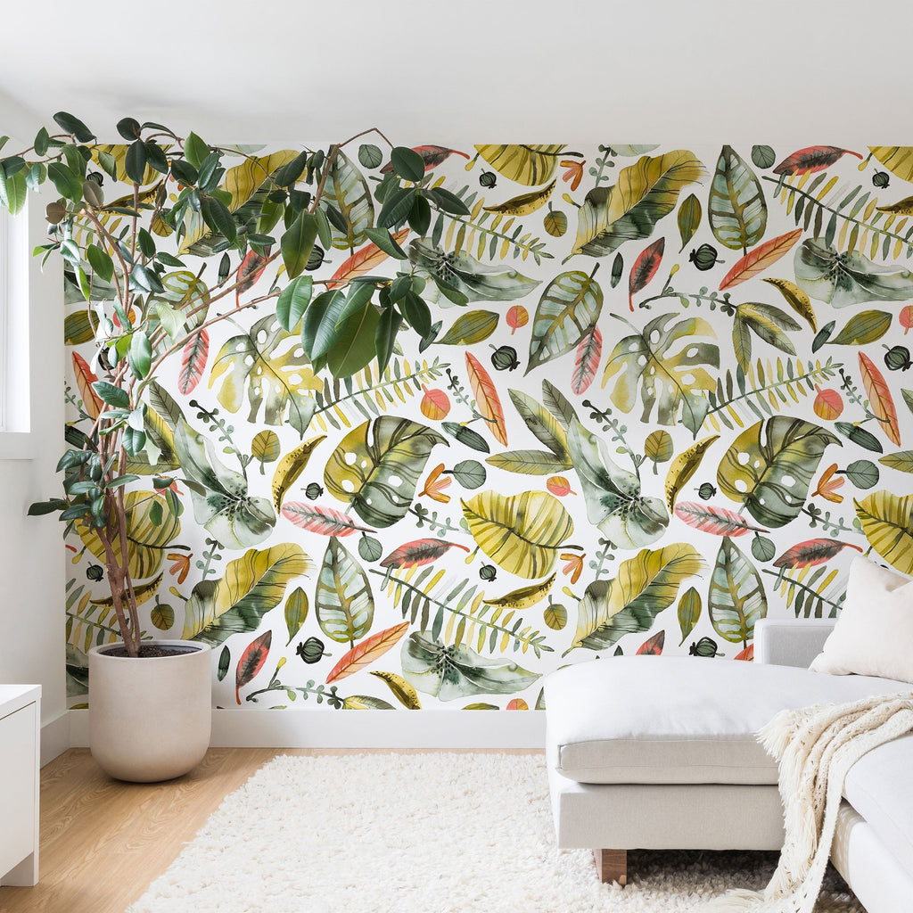 Ninola Design Botanic Retreat Tropical Jungle Leaves Botanical Green Orange Wall Mural