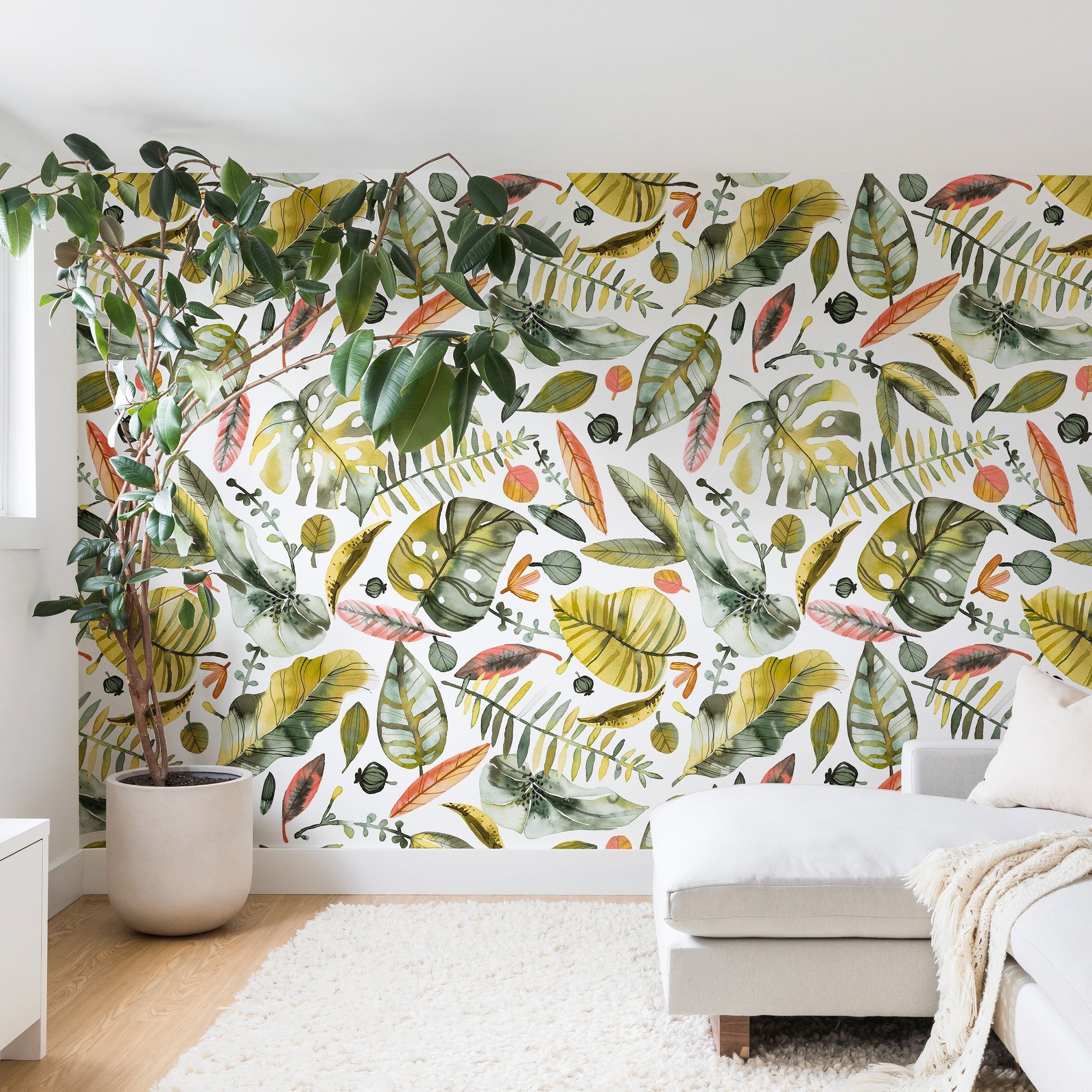 Ninola Design Botanic Retreat Tropical Jungle Leaves Botanical Green Orange Wall Mural