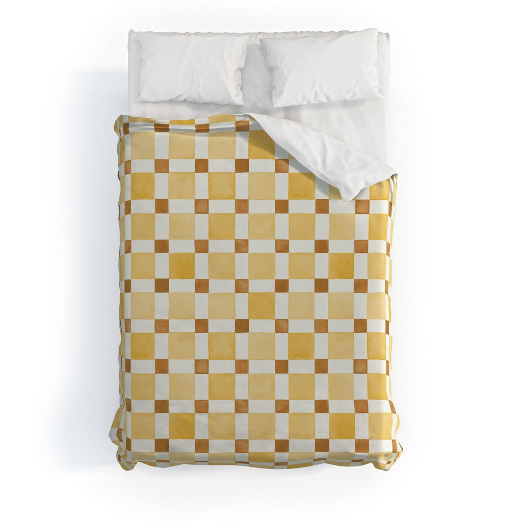 Ninola Design Everyday Artifact Checker Mosaic Tiles Geometry Yellow Duvet Cover
