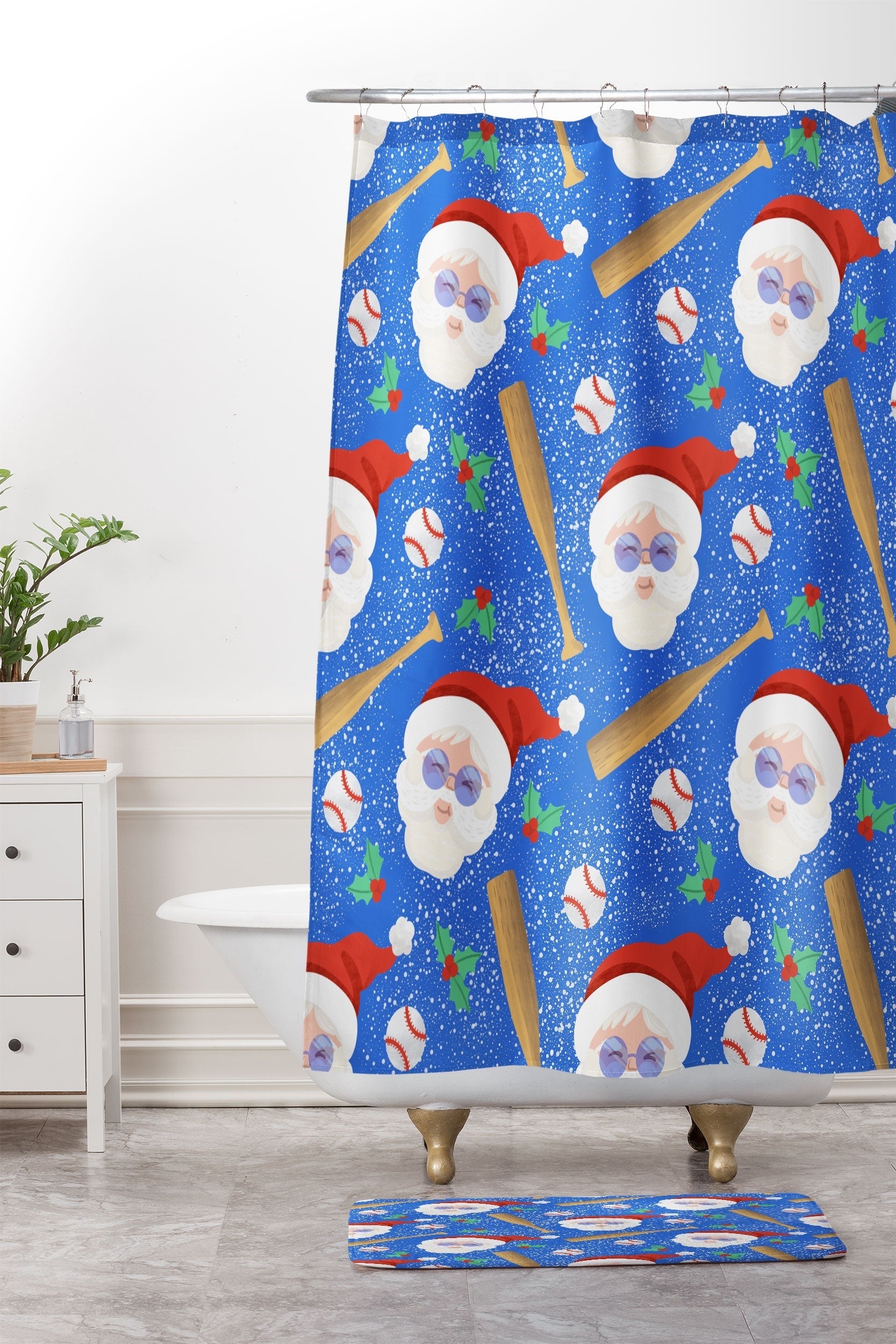 Design by Spark Sporty Baseball Santa Shower Curtain And Mat
