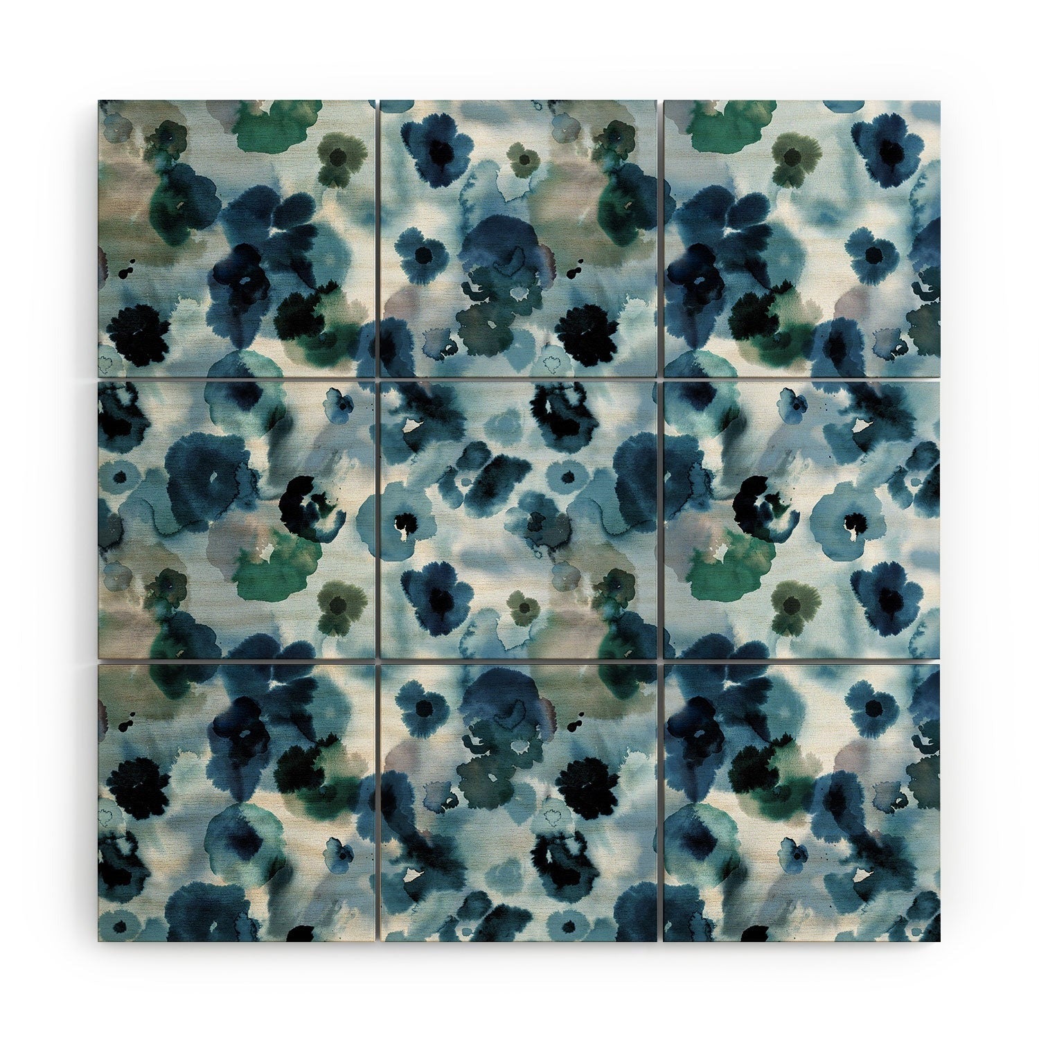 Ninola Design Botanic Retreat Ombre Abstract Watercolor Flowers Blue Navy Wood Wall Mural