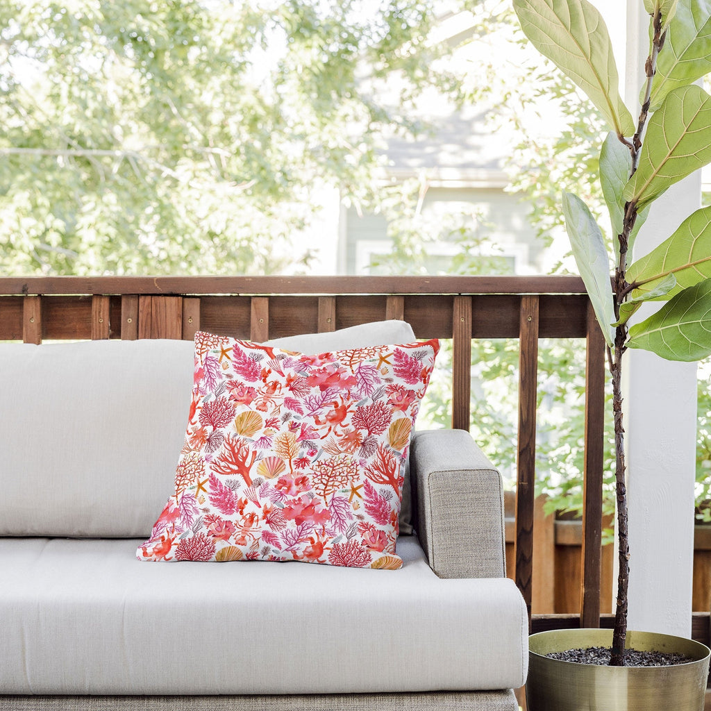 Ninola Design Botanic Retreat Coral Reef Crab Lobster Red Outdoor Throw Pillow