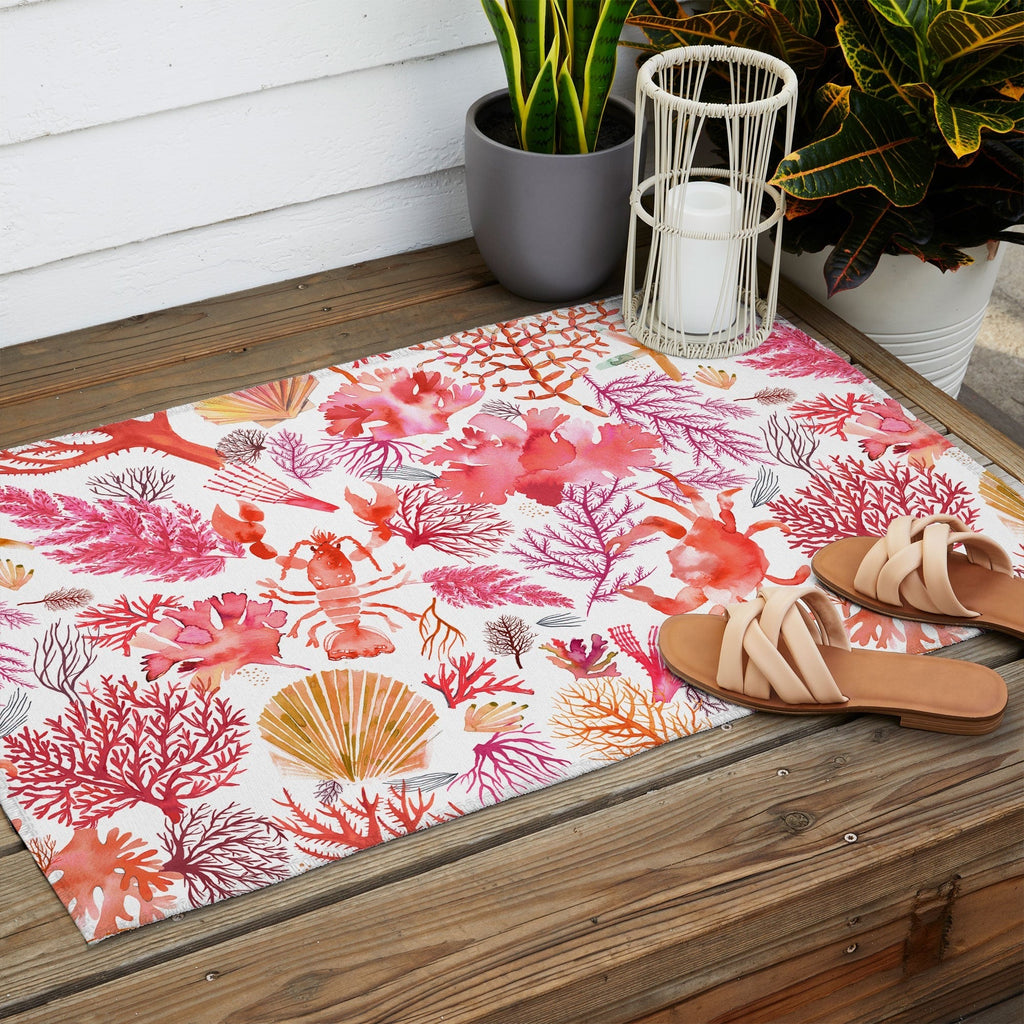Ninola Design Botanic Retreat Coral Reef Crab Lobster Red Outdoor Rug