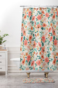 Ninola Design Botanic Retreat Tropical Whimsical Flowers Coral Green Shower Curtain And Mat