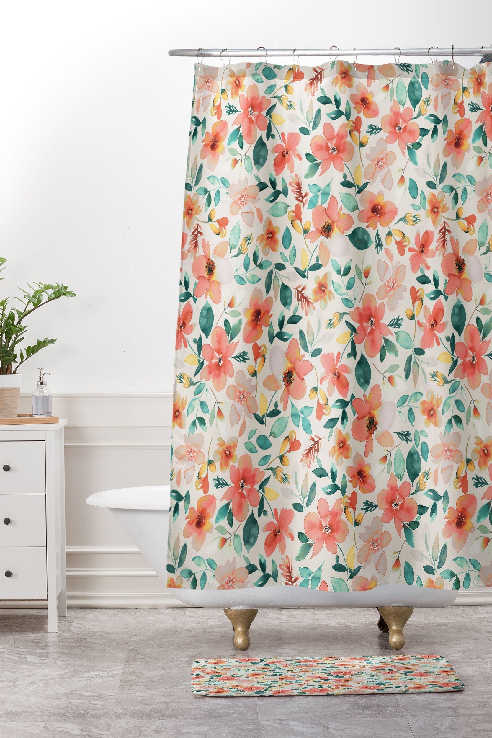 Ninola Design Botanic Retreat Tropical Whimsical Flowers Coral Green Shower Curtain And Mat