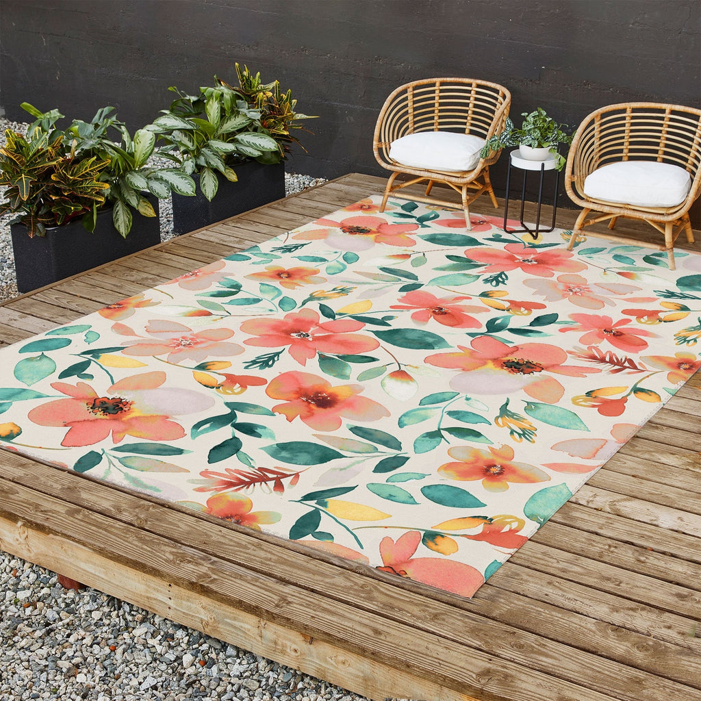 Ninola Design Botanic Retreat Tropical Whimsical Flowers Coral Green Outdoor Rug