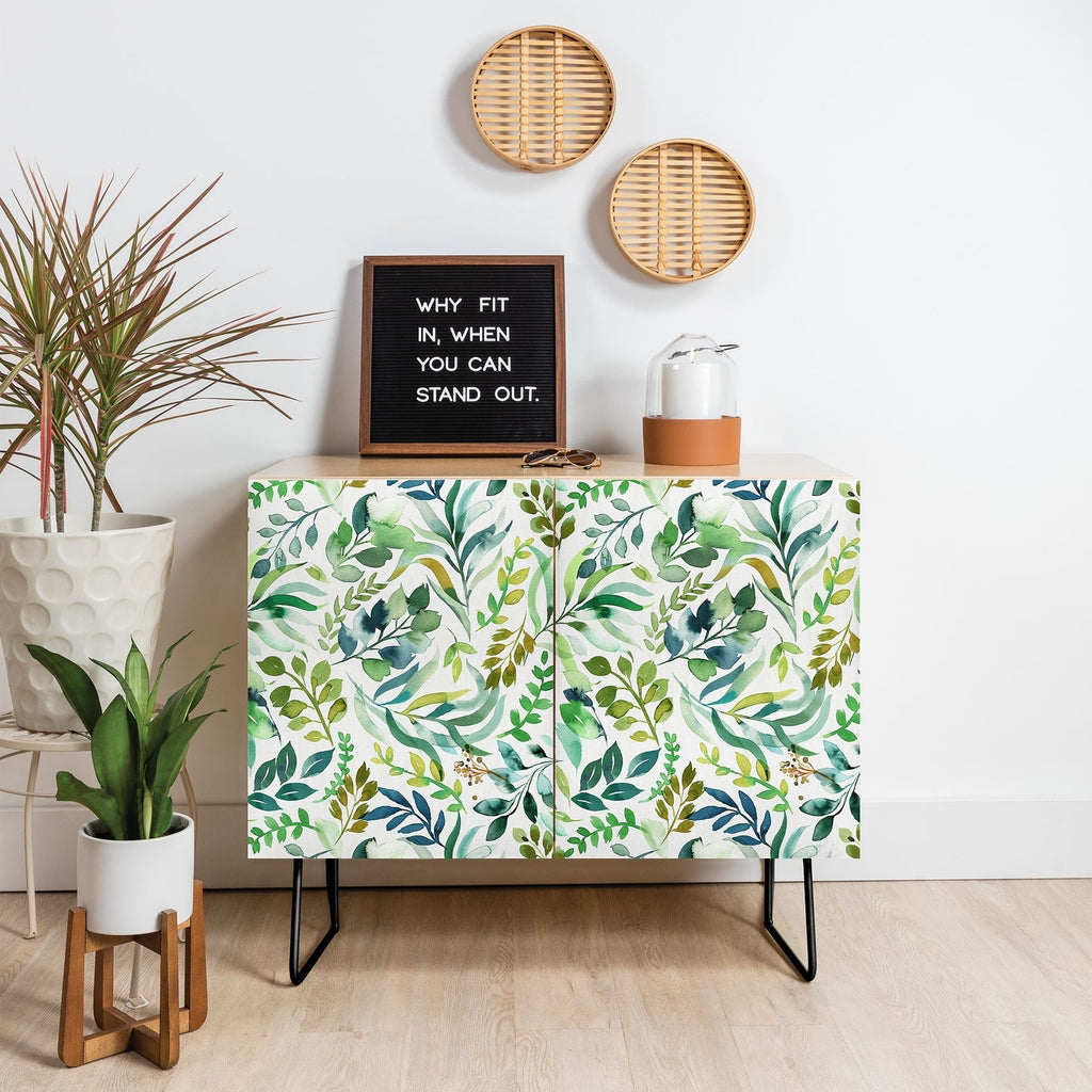 Ninola Design Botanic Retreat Loose Botanical Leaves Watercolor Green Credenza