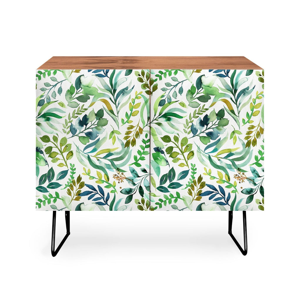 Ninola Design Botanic Retreat Loose Botanical Leaves Watercolor Green Credenza