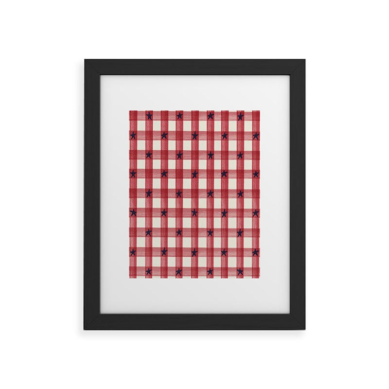 DENY Designs Red Gingham plus Stars Framed Art Print
