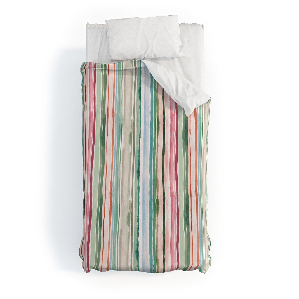 Ninola Design Botanic Retreat Watercolor Stripes Green Orange Red Duvet Cover