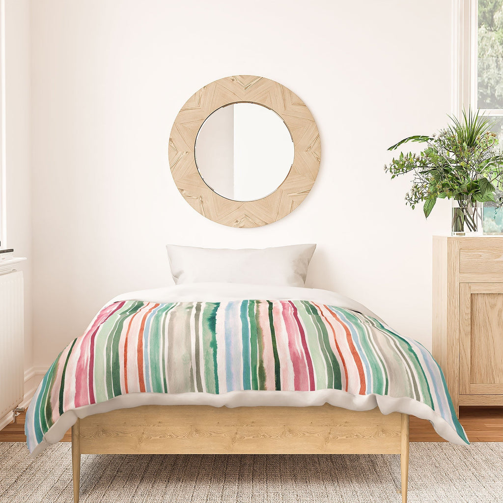 Ninola Design Botanic Retreat Watercolor Stripes Green Orange Red Duvet Cover