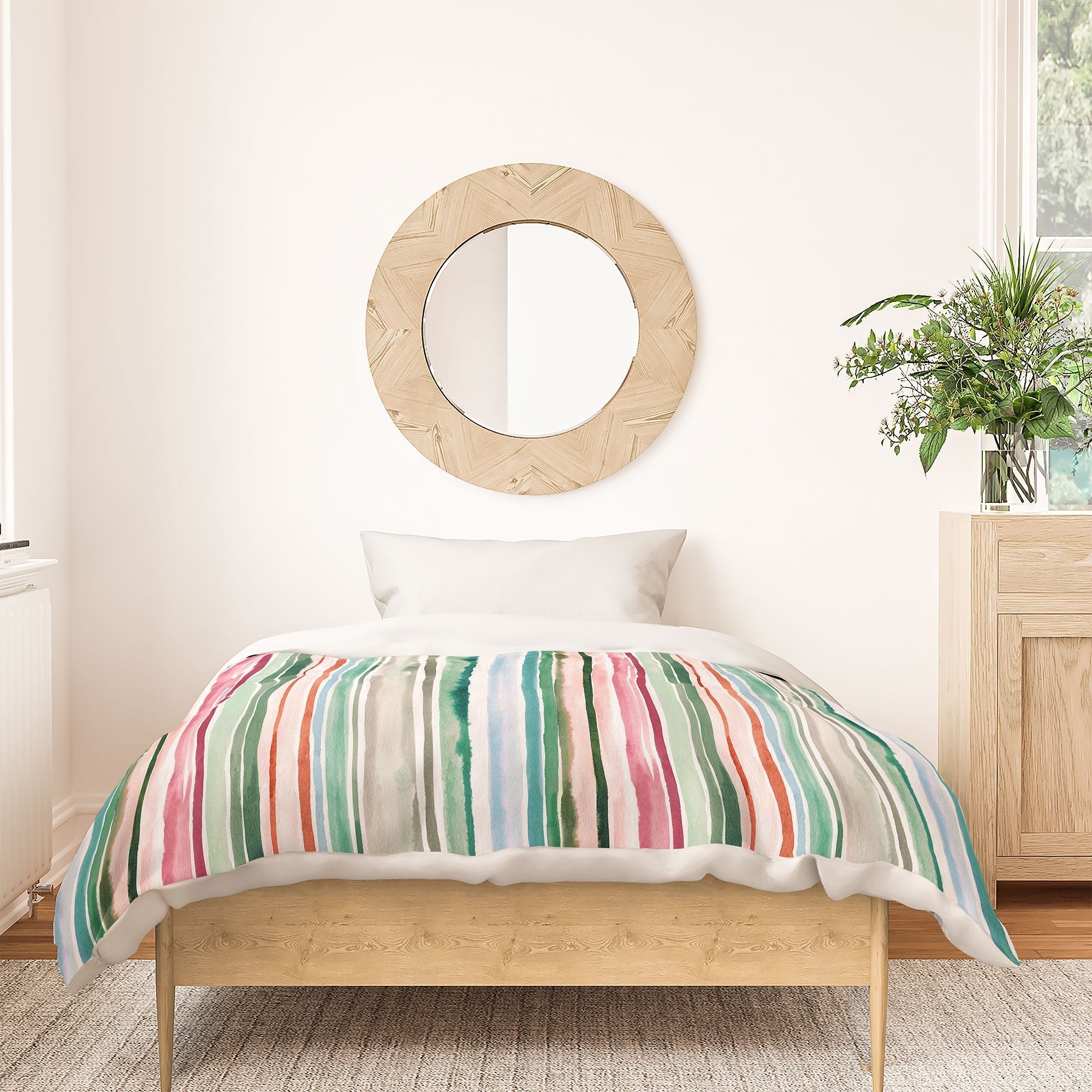 Ninola Design Botanic Retreat Watercolor Stripes Green Orange Red Duvet Cover