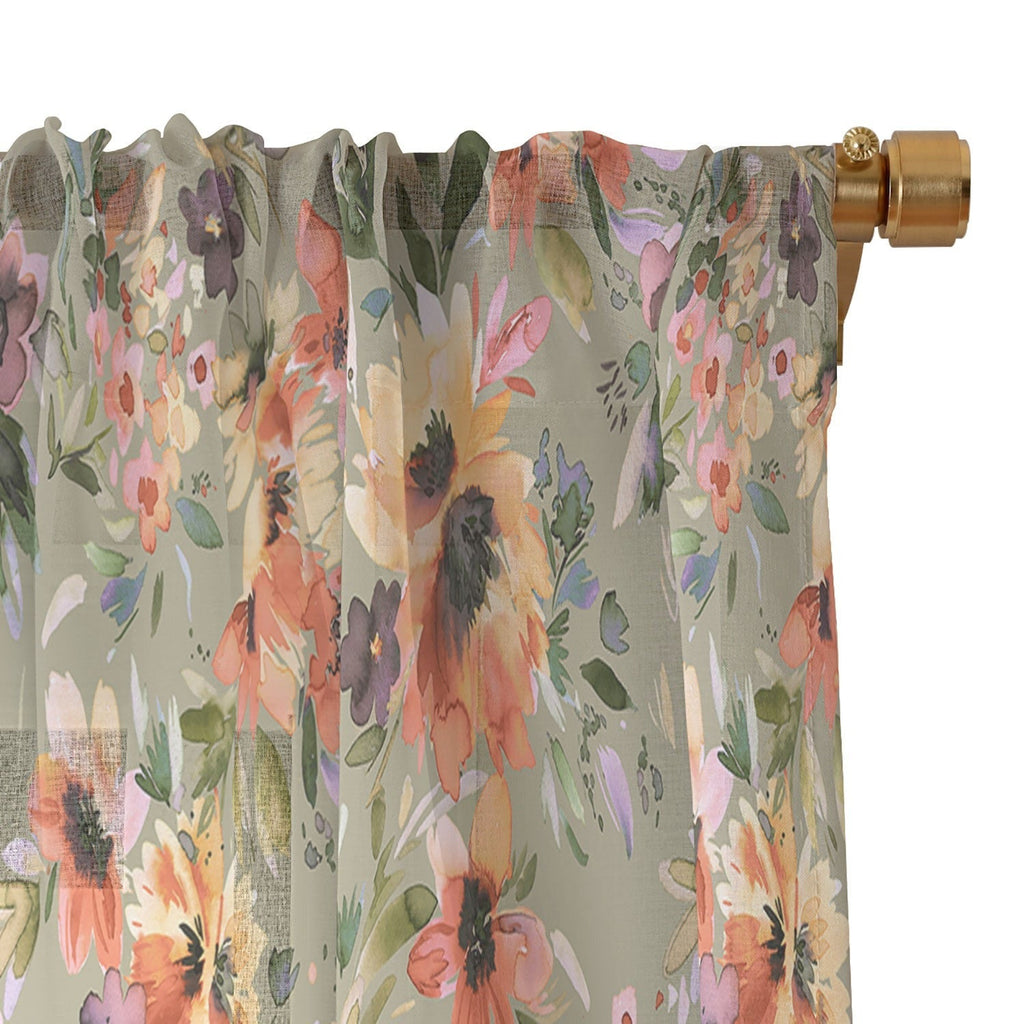 Ninola Design Botanic Retreat Painterly Tropical Flowers Sage Green Sheer Window Curtain