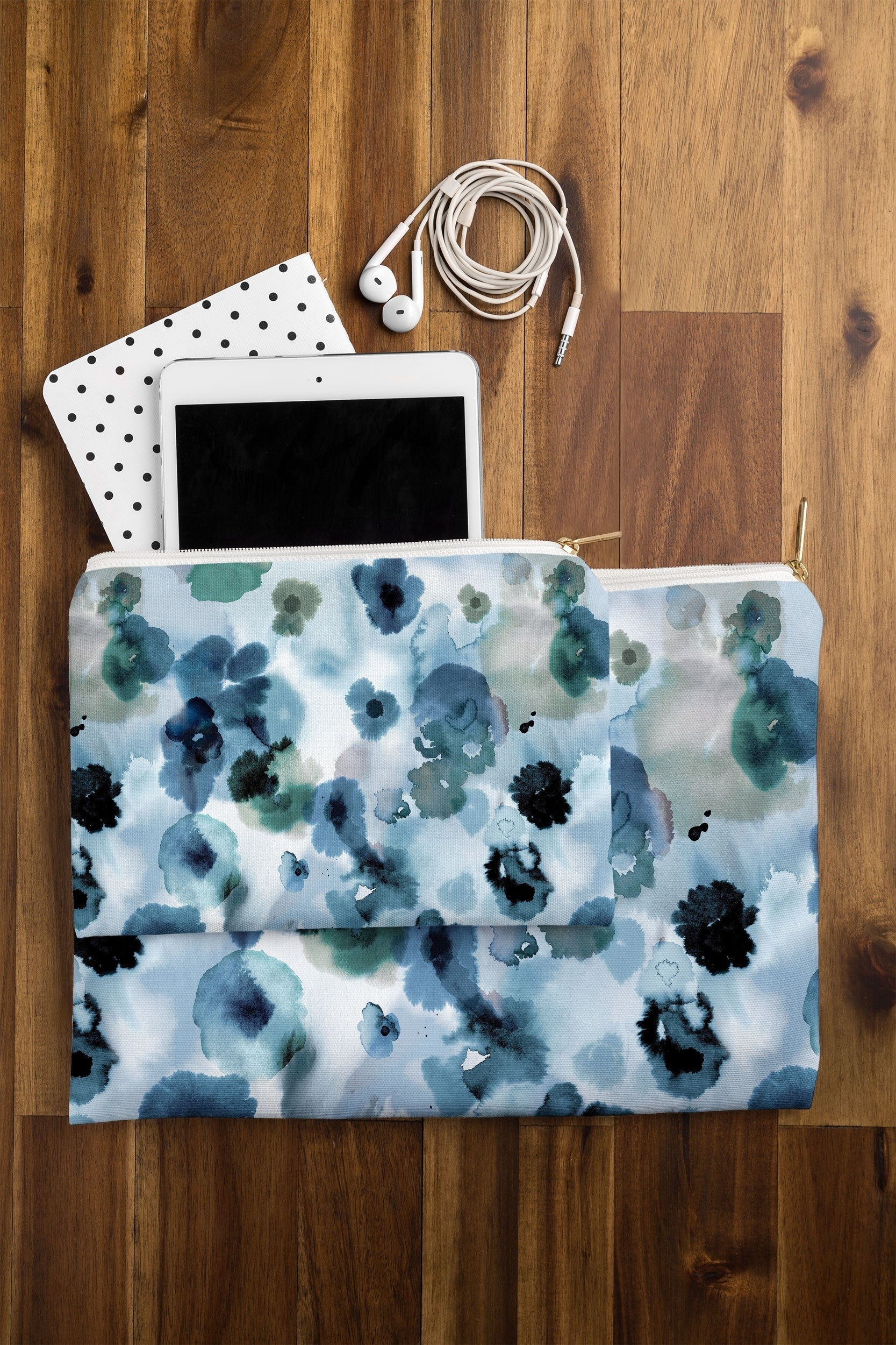 Ninola Design Botanic Retreat Ombre Abstract Watercolor Flowers Blue Navy Pouch