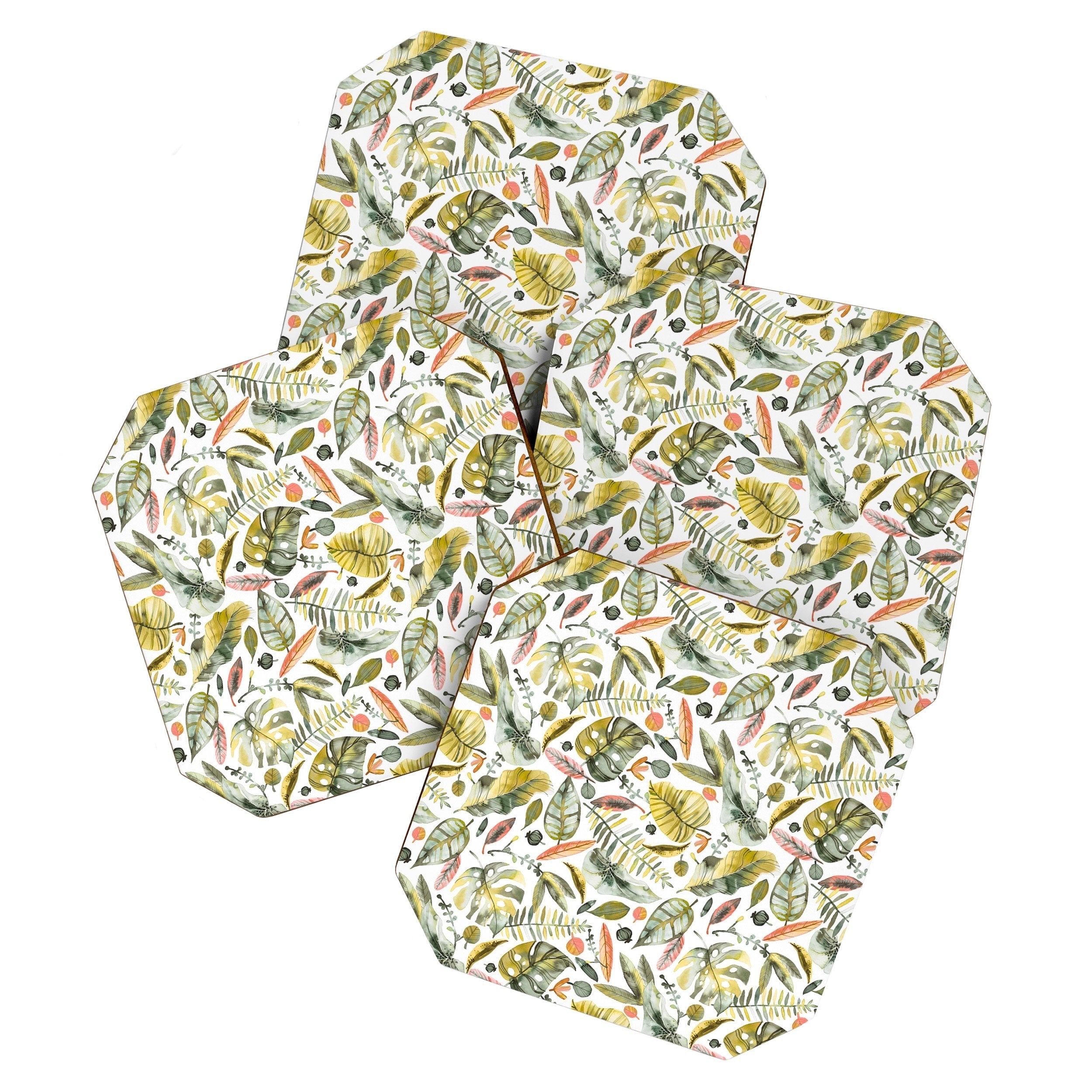 Ninola Design Botanic Retreat Tropical Jungle Leaves Botanical Green Orange Coaster Set