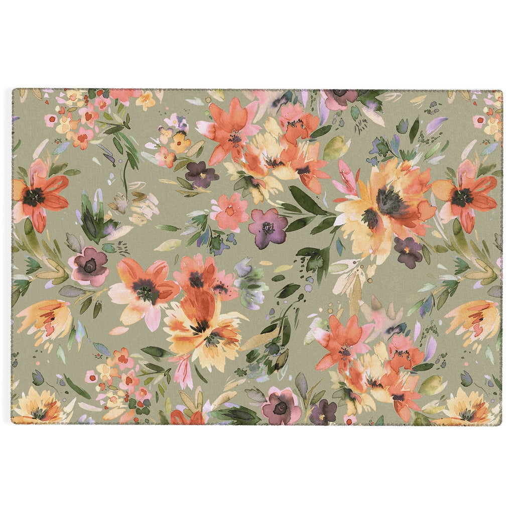 Ninola Design Botanic Retreat Painterly Tropical Flowers Sage Green Outdoor Rug