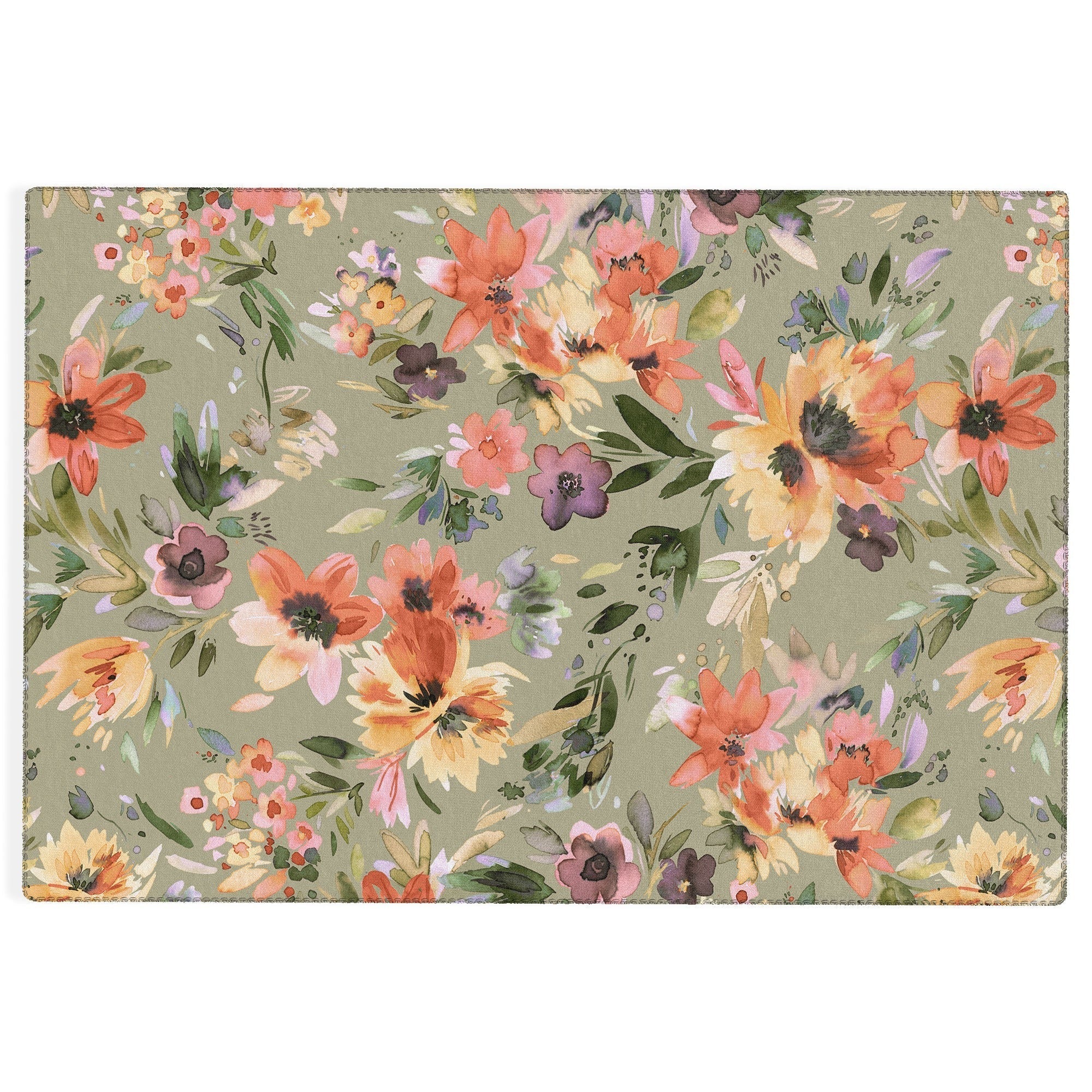 Ninola Design Botanic Retreat Painterly Tropical Flowers Sage Green Outdoor Rug