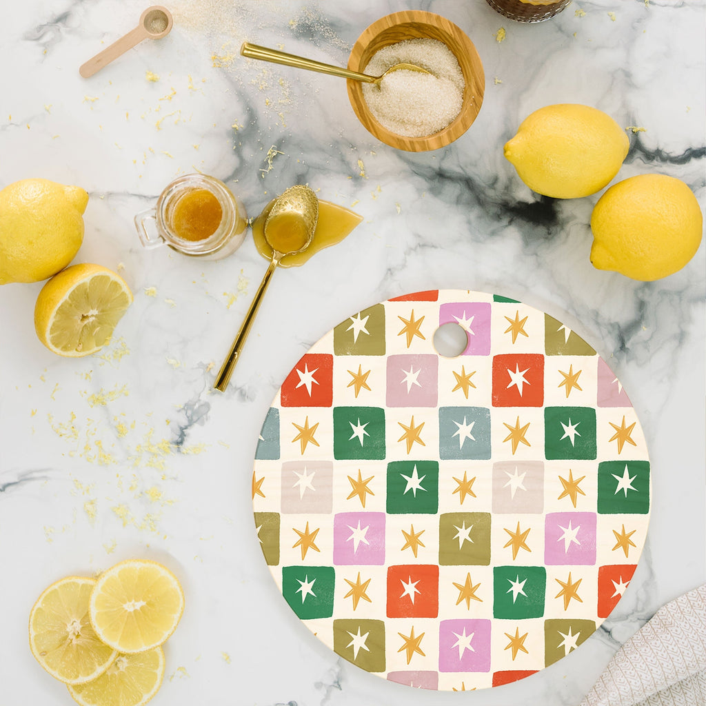 LouBruzzoni Retro Star Block Pattern Cutting Board Round