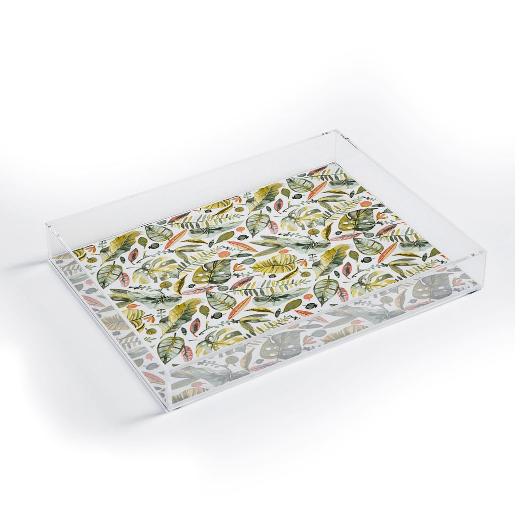 Ninola Design Botanic Retreat Tropical Jungle Leaves Botanical Green Orange Acrylic Tray