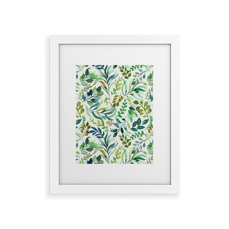 Ninola Design Botanic Retreat Loose Botanical Leaves Watercolor Green Framed Art Print