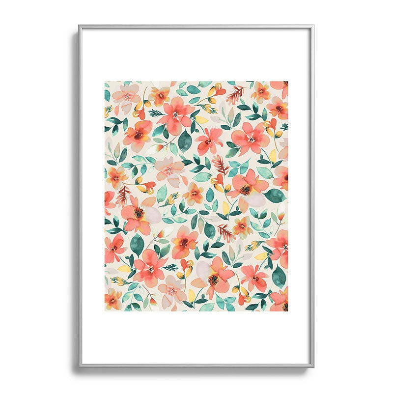 Ninola Design Botanic Retreat Tropical Whimsical Flowers Coral Green Metal Framed Art Print