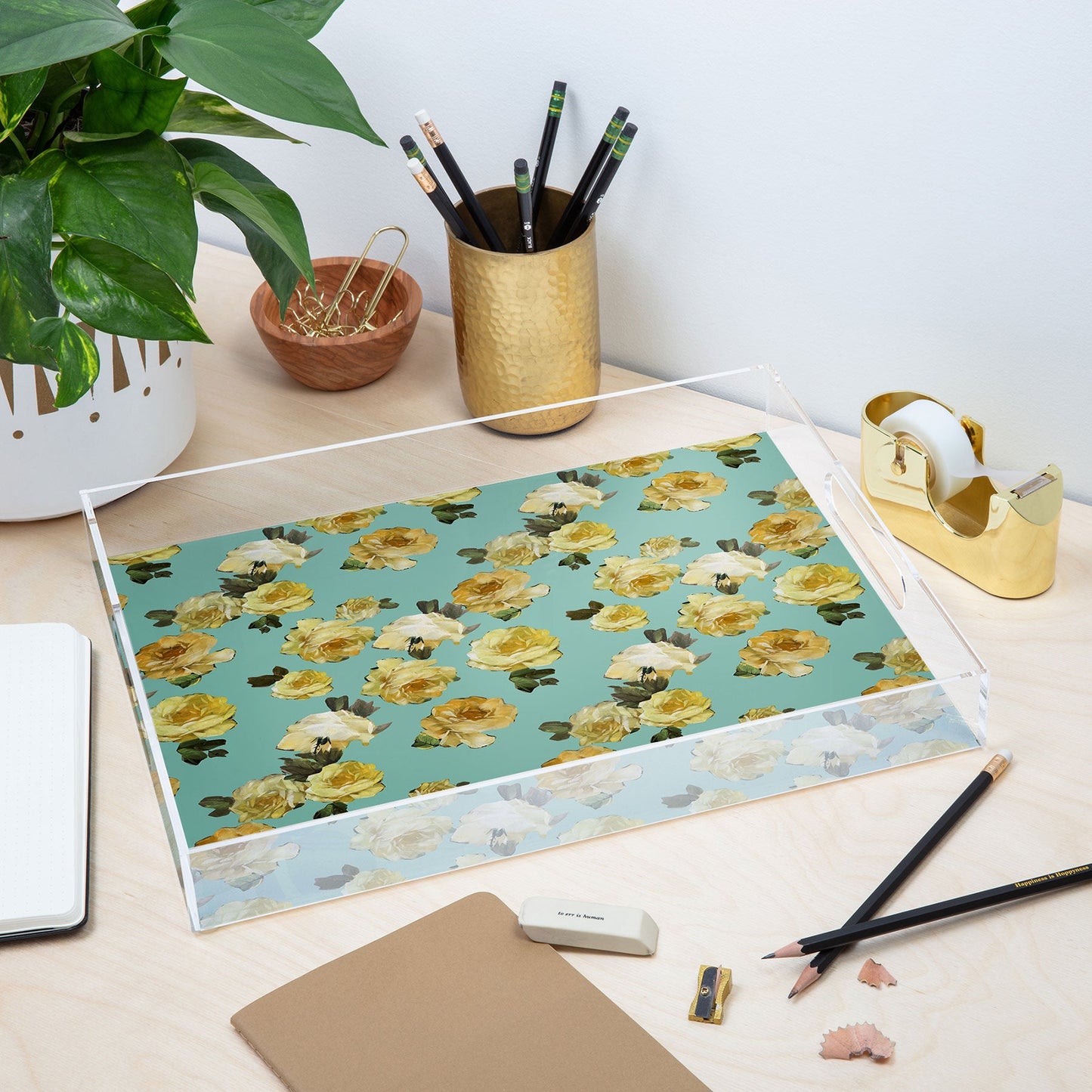 Tina Salazar Yellow Roses in Sage Green Acrylic Tray