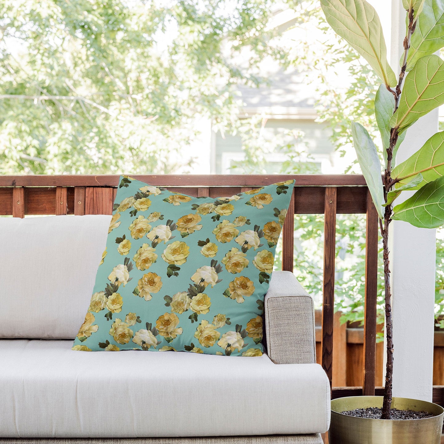 Tina Salazar Yellow Roses in Sage Green Outdoor Throw Pillow