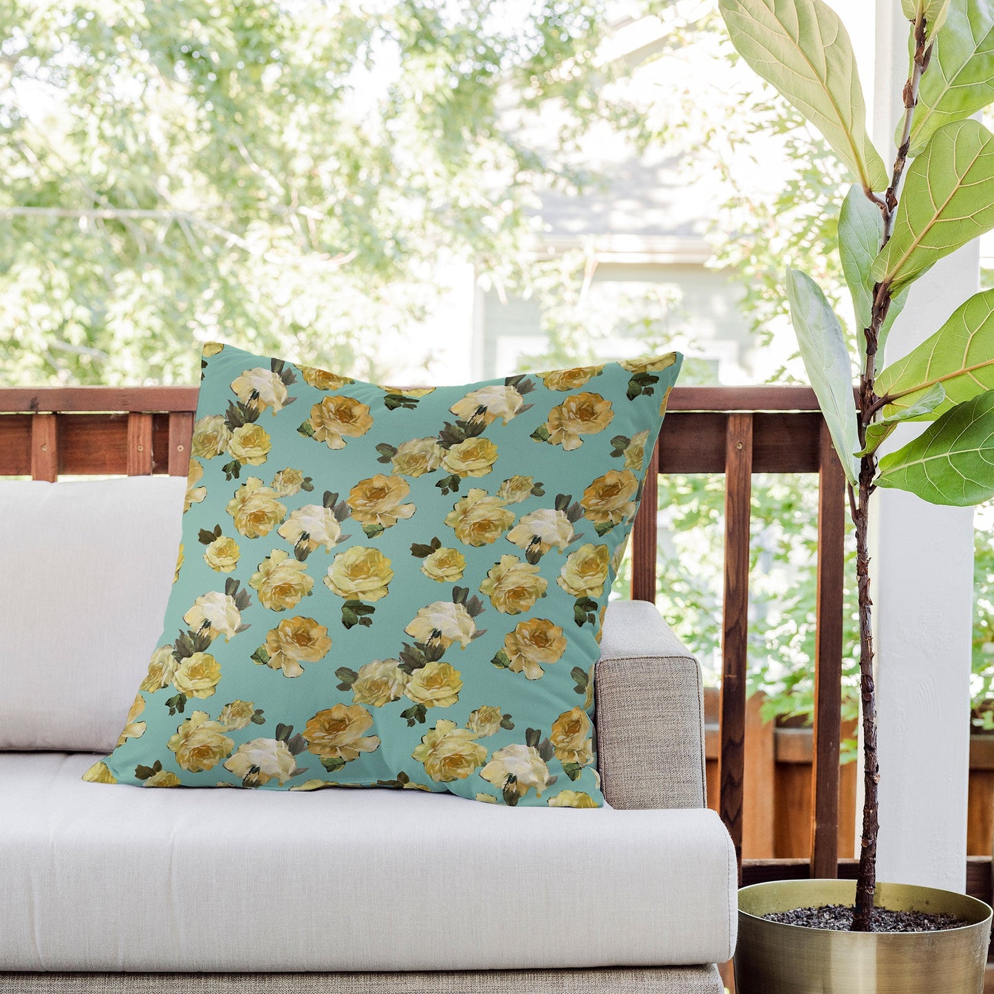 Tina Salazar Yellow Roses in Sage Green Outdoor Throw Pillow